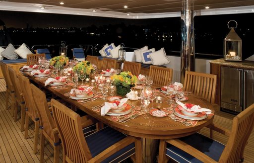 Alfresco dining on bridge deck of motor yacht Lady Joy