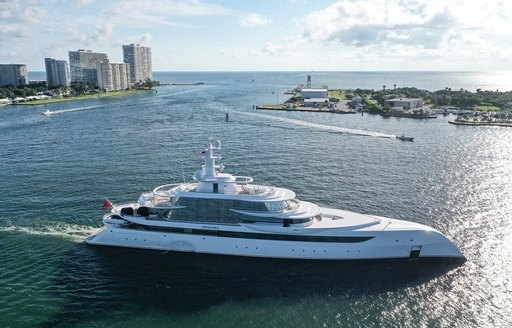 Superyacht EXCELLENCE aerial shot arriving to FLIBS