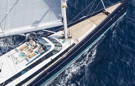 aerial view of superyacht AQUIJO when cruising on a luxury yacht charter