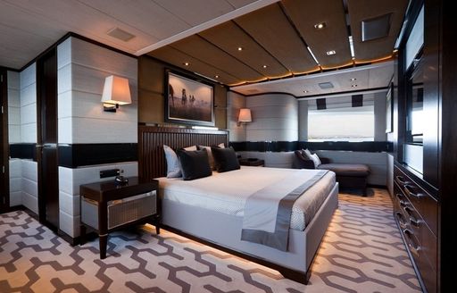 full beam master suite inspired by Jaguar cars on board charter yacht AURELIA
