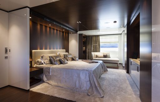 master suite with huge windows on board luxury yacht Lucky Me 