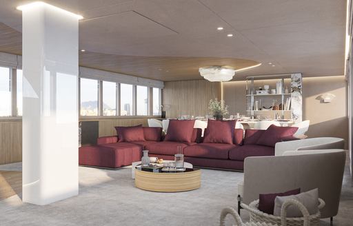 Lounge area on the main deck onboard charter yacht REPOSADO, burgundy corner sofa with white armchairs