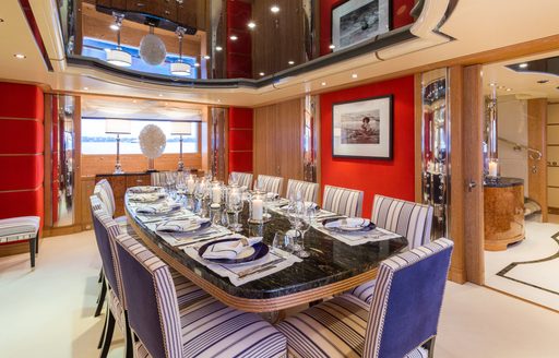 formal dining area with new upholstery on board Benetti charter yacht Air