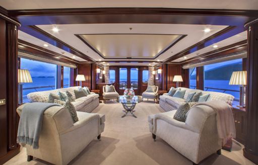 sociable lounge in main salon of charter yacht TELEOST