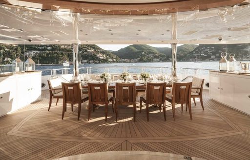 The central alfresco dining space featured on board luxury yacht Lady Sara