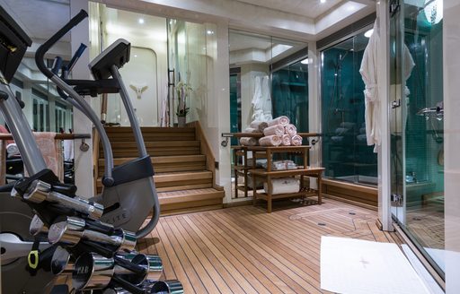 gym and wellbeing area on board charter yacht Coral Ocean