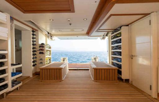 Part of the wellness area onboard charter yacht TATOOSH, storage to port and starboard with fold down balcony open.