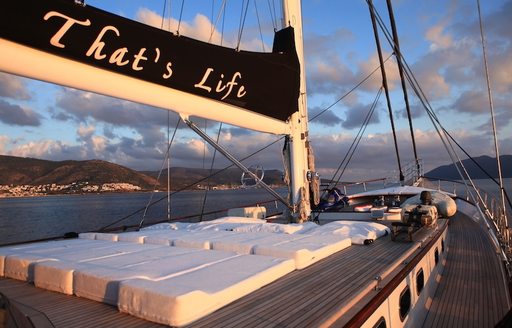 sun loungers on foredeck of luxury gulet That’s Life 