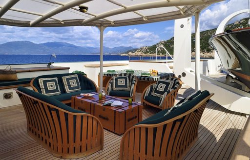 comfortable lounge area on sundeck of luxury yacht STEEL