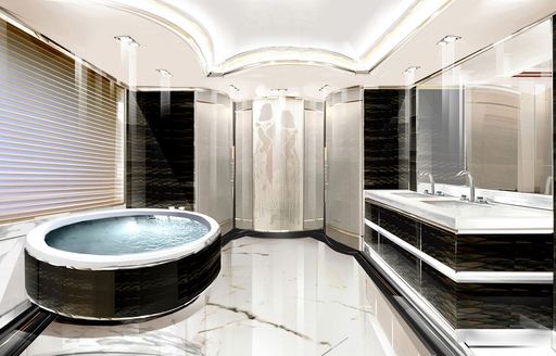 A graphic representation of a black bathtub and sink featured inside superyacht O'PTASIA