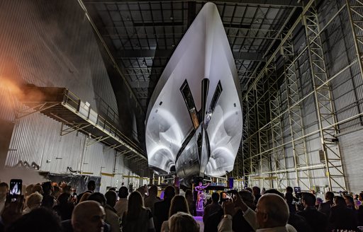 stern of luxury yacht White Rabbit shown off at reveal function in Australia 