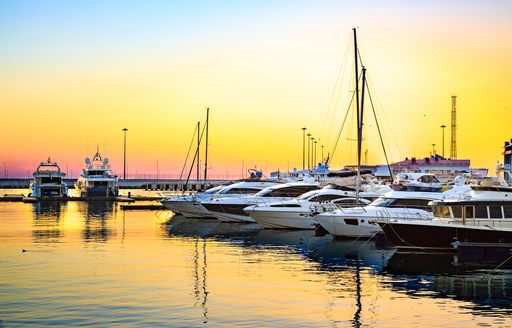 yachts docked in a marina at sunset
