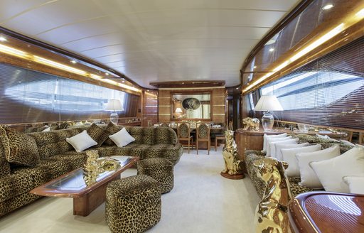 main salon of superyacht ‘Sea Jaguar’ with leopard print upholstery