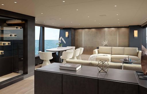 Overview of the interior dining area onboard charter yacht MARY