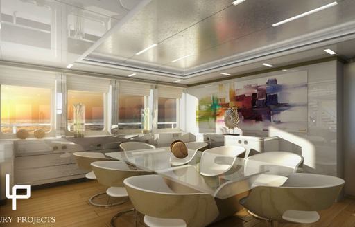 rendering of interior dining area on board luxury yacht DESTINY