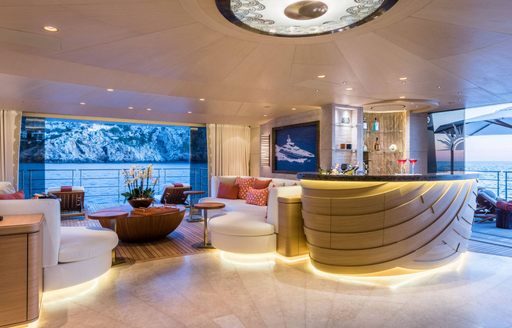 Seating and relaxing area on motor yacht Here Comes the Sun