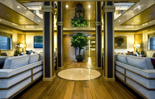 lounge areas and pillars in main salon of luxury yacht ‘Indian Empress’ 