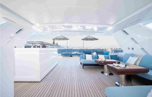 Sheltered sundeck seating area onboard boat charter CHARADE