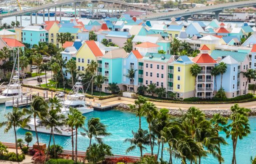 Brightly-coloured houses by the sea and palm trees in city of Nassau, the Bahamas