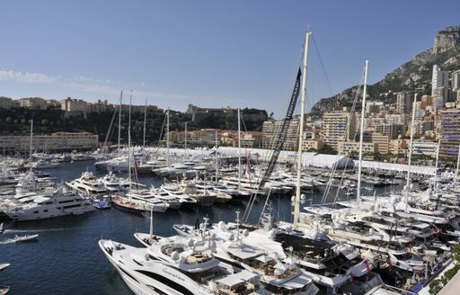 Luxury yachts line Port Hercules at the Monaco Yacht Show