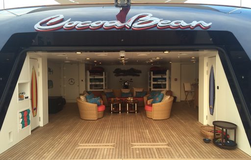 spacious beach club on board luxury yacht 'Cocoa Bean'