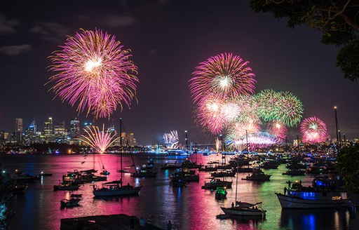 yachts line up in Sydney Harbour Marina on New Year's Eve to watch the spectacular firework displays