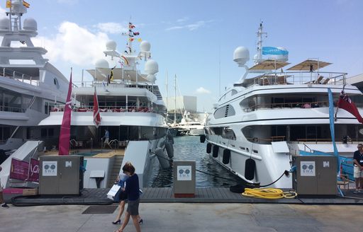Yachts lined up at the MYBA Charter Show at the Marina Port Vell in Barcelona
