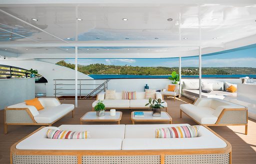 Overvie wof the aft deck lounge area onboard charter yacht AGAPE ROSE