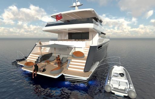 CGI image of stern of Rua Moana catamaran showing swimming platform and two people relaxing with tender nearby