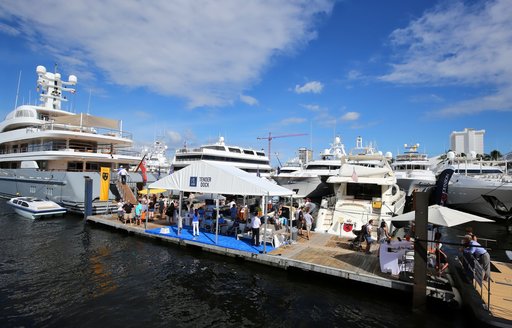 tender dock alongside superyachts at the Fort Lauderdale International Boat Show 