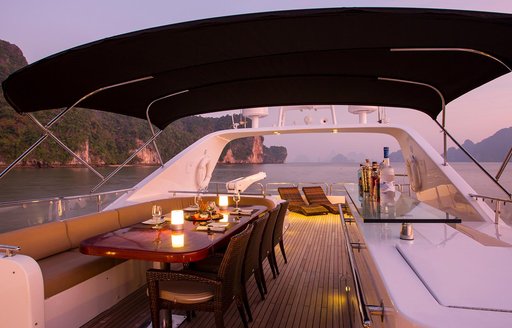 Sun setting over sundeck of luxury yacht Mia Kai