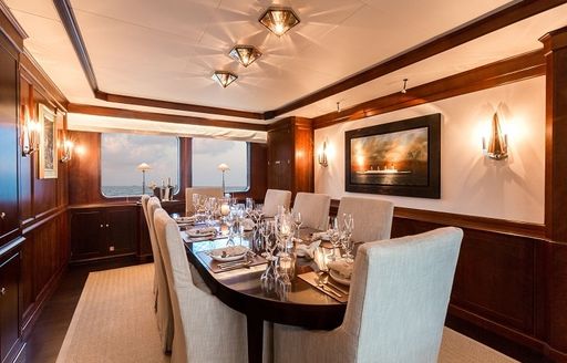 formal dining salon aboard luxury yacht PIONEER