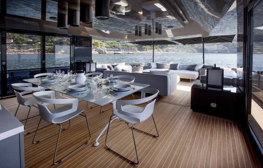 Main salon and dining area on luxury yacht Joy Star