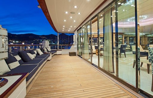 aft deck of expedition yacht ‘Force Blue’ looking into interior