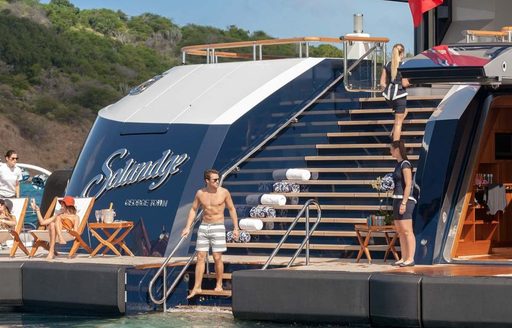 Succession cast filming for TV show onboars superyacht SOLANDGE