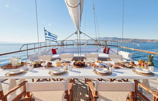 Alfresco dining area onboard charter yacht WHITE PEARL