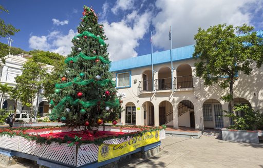 Old town courtyard on British Virgin Islands with tree in foreground 