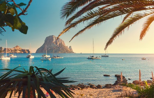 Es Vedra rock in Ibiza, Balearics with palm fronds and yachts in the foregrounds