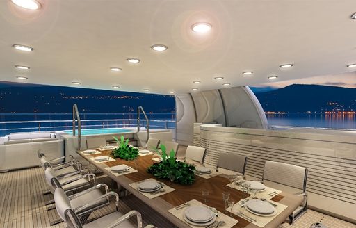 Superyacht O’Pari 3's sheltered al fresco dining area