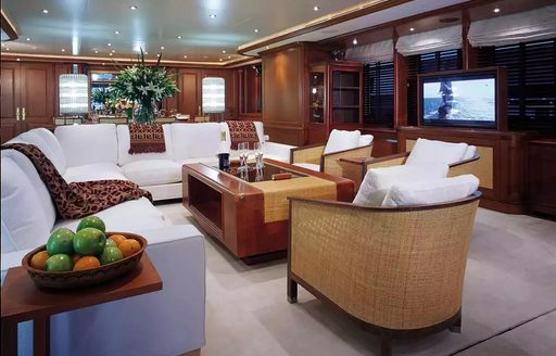 Interior lounge area onboard charter yacht JO I 