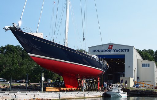 superyacht Asolare out of the water for repairs at hodgdon shipyard
