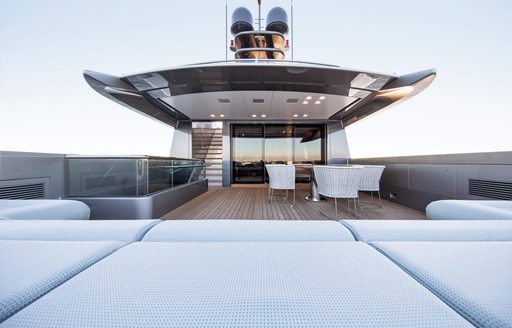 sun pads and seating on upper deck aft of motor yacht ‘Silver Fast’ 