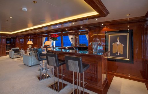 bar and lounge area in the skylounge aboard luxury yacht Double Down