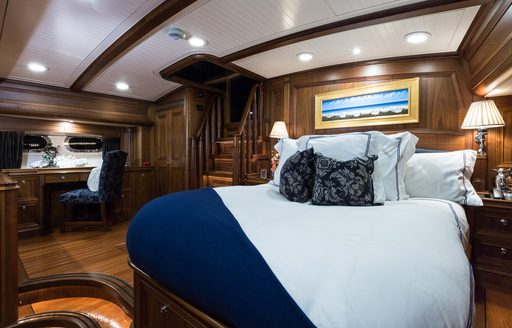 full-beam master suite with steps up to deck on board sailing yacht MARAE 