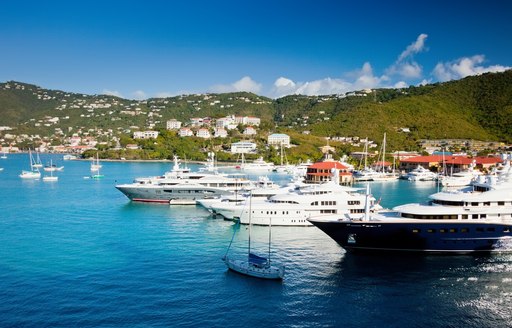 View of luxury yachts in marina and harbor in the tropical island of St. Thomas, USVI