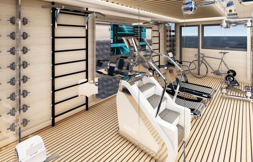 Overview of a stocked up gym onboard charter yacht ARGO