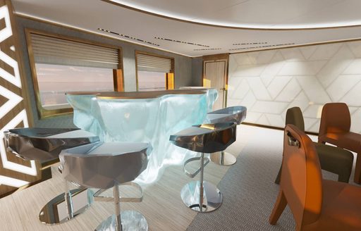 Wet bar in the main salon onboard charter yacht LA DATCHA, with the bar itself looking like a glacier