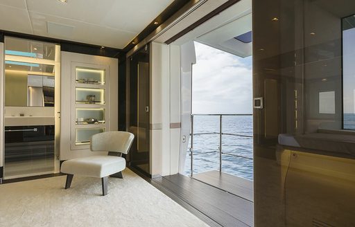 Private balcony in the master cabin onboard boat charter SANCTUARY