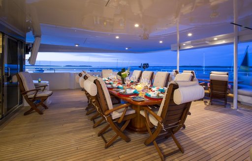 luxury motor yacht RHINO al fresco dining area aft deck