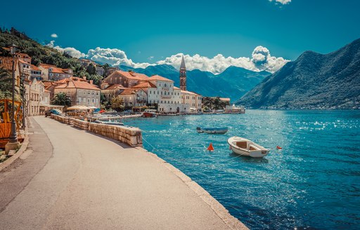 Port in Montenegro, with houses and mountain views